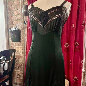 Vintage Nan Flower Black Slip Dress with Rose Embroidery and Lace Trim